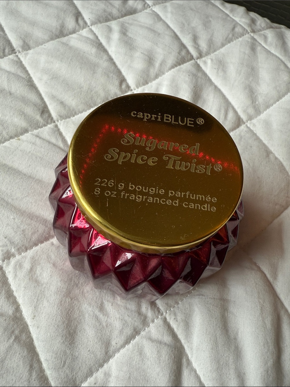capriBLUE Sugared Spice Twist Candle in Deep Pink with Gold Lid